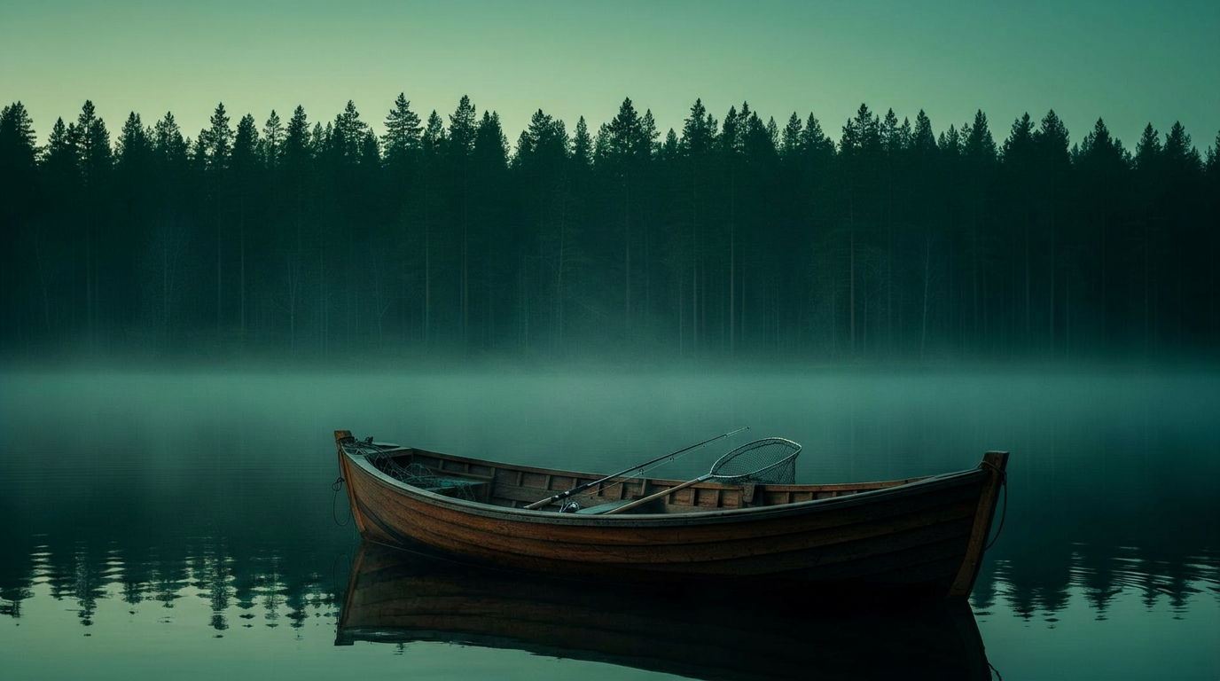Roddbåt med fiskespö och håv vid dimmig svensk sjö i gryningen